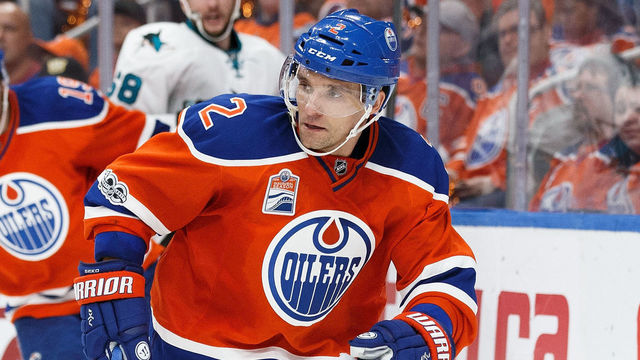 EDMONTON, AB - APRIL 12: Andrej Sekera #2 of the Edmonton Oilers is watched by Melker Karlsson #68 of the San Jose Sharks in Game One of the Western Conference First Round during the 2017 NHL Stanley Cup Playoffs at Rogers Place on April 12, 2017 in Edmonton, Alberta, Canada.