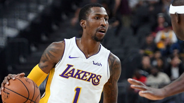 LAS VEGAS, NV - OCTOBER 08: Kentavious Caldwell-Pope #1 of the Los Angeles Lakers brings the ball up the court against the Sacramento Kings during their preseason game at T-Mobile Arena on October 8, 2017 in Las Vegas, Nevada. Los Angeles won 75-69.