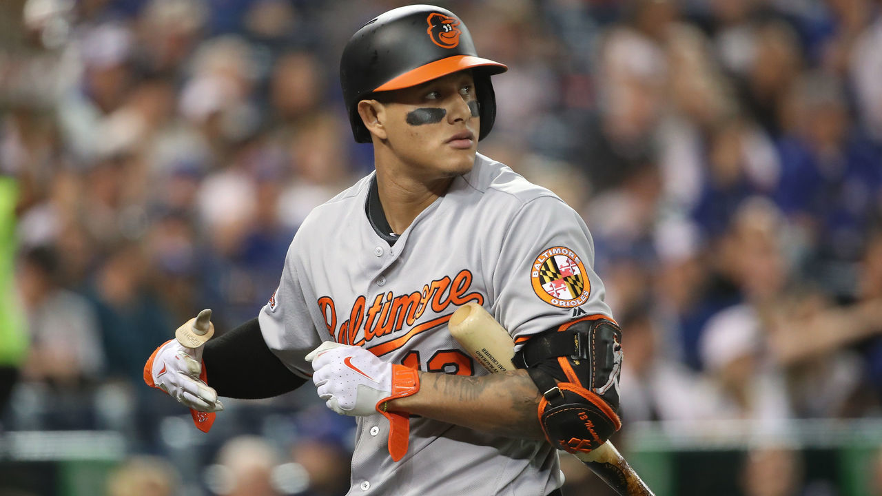 TORONTO, ON - APRIL 16: Manny Machado #13 of the Baltimore Orioles reacts after striking out in the first inning during MLB game action against the Toronto Blue Jays at Rogers Centre on April 16, 2017 in Toronto, Canada.