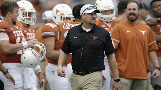 AUSTIN, TX - OCTOBER 07: Head coach Tom Herman of the Texas Longhorns watches players warm up before the game against the Kansas State Wildcats at Darrell K Royal-Texas Memorial Stadium on October 7, 2017 in Austin, Texas.
