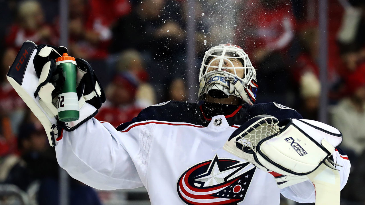 WASHINGTON, DC - DECEMBER 2: Goalie Sergei Bobrovsky #72 of the Columbus Blue Jackets gets a drink before the start of the second period against the Washington Capitals at Capital One Arena on December 2, 2017 in Washington, DC.