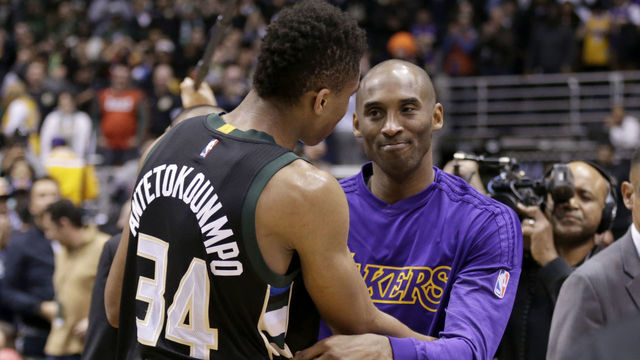MILWAUKEE, WI - FEBRUARY 22: Kobe Bryant #24 of the Los Angeles Lakers hugs Giannis Antetokounmpo #34 of the Milwaukee Bucks after the game against the Milwaukee Bucks at BMO Harris Bradley Center on February 22, 2016 in Milwaukee, Wisconsin.