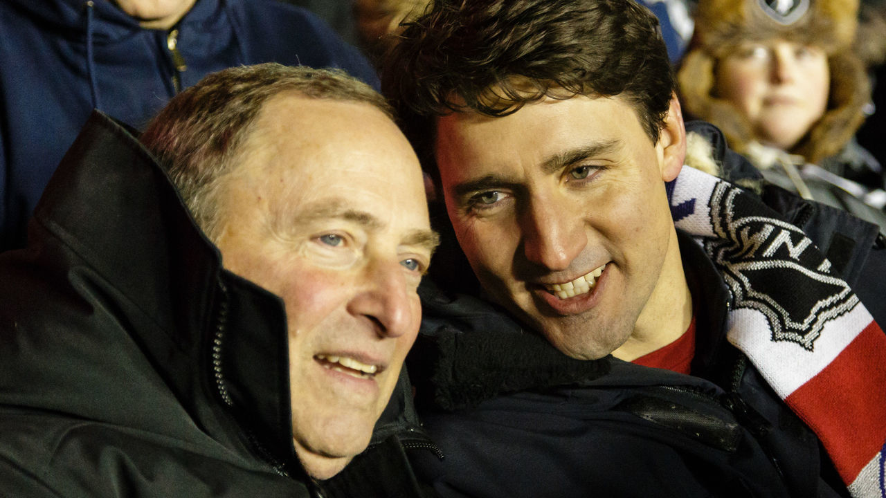 OTTAWA, ON - DECEMBER 16: (L-R) Gary Bettman commissioner of the NHL chats with Justin Trudeau, Prime Minister of Canada, during the 2017 Scotiabank NHL100 Classic between the Ottawa Senators and the Montreal Canadiens at Lansdowne Park on December 16, 2017 in Ottawa, Canada.