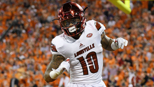 CLEMSON, SC - OCTOBER 01: Jaire Alexander #10 of the Louisville Cardinals reacts after intercepting the ball during the second quarter against the Clemson Tigers at Memorial Stadium on October 1, 2016 in Clemson, South Carolina.