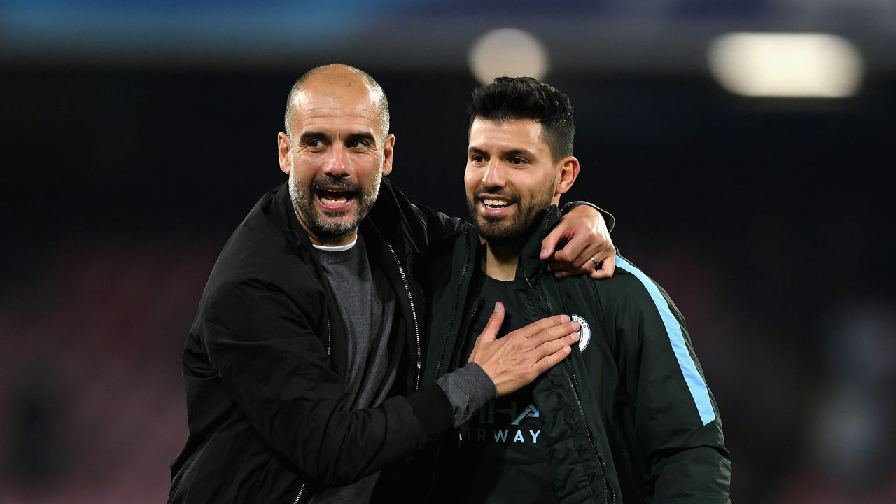 NAPLES, ITALY - NOVEMBER 01: Josep Guardiola, Manager of Manchester City and Sergio Aguero of Manchester City embrace after the UEFA Champions League group F match between SSC Napoli and Manchester City at Stadio San Paolo on November 1, 2017 in Naples, Italy.