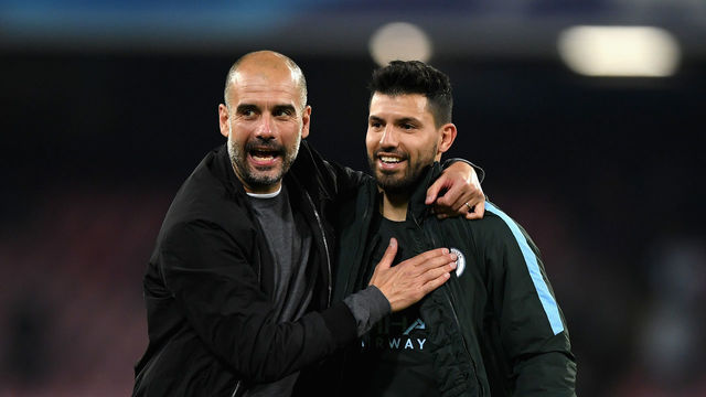 NAPLES, ITALY - NOVEMBER 01: Josep Guardiola, Manager of Manchester City and Sergio Aguero of Manchester City embrace after the UEFA Champions League group F match between SSC Napoli and Manchester City at Stadio San Paolo on November 1, 2017 in Naples, Italy.
