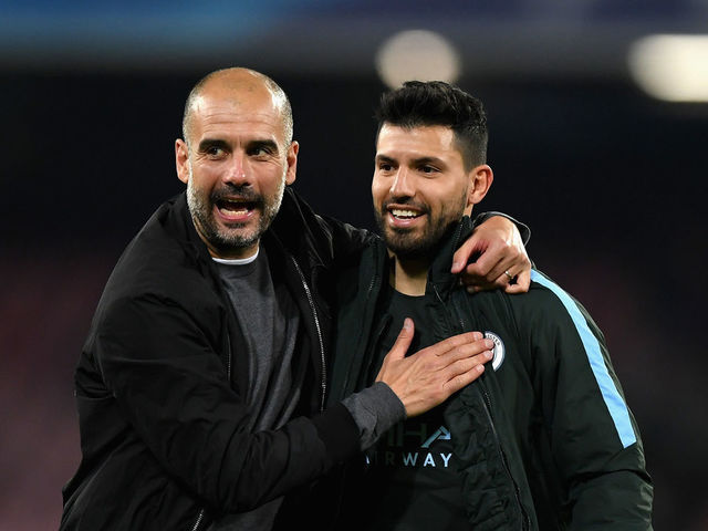 NAPLES, ITALY - NOVEMBER 01: Josep Guardiola, Manager of Manchester City and Sergio Aguero of Manchester City embrace after the UEFA Champions League group F match between SSC Napoli and Manchester City at Stadio San Paolo on November 1, 2017 in Naples, Italy.