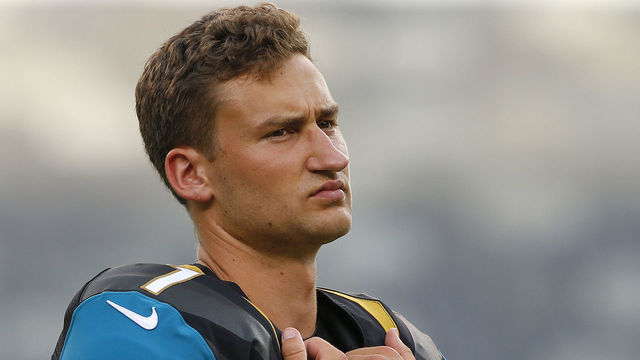 EAST RUTHERFORD, NJ - AUGUST 11: Sam Ficken #1 of the Jacksonville Jaguars on the field before an NFL preseason game against the New York Jets at MetLife Stadium on August 11, 2016 in East Rutherford, New Jersey.