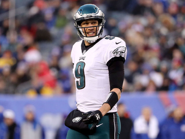 EAST RUTHERFORD, NJ - DECEMBER 17: Nick Foles #9 of the Philadelphia Eagles looks on against the New York Giants in the game at MetLife Stadium on December 17, 2017 in East Rutherford, New Jersey.