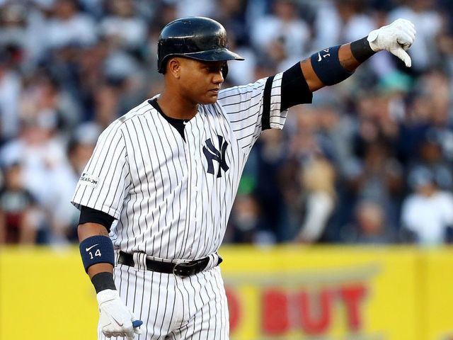 NEW YORK, NY - OCTOBER 18: Starlin Castro #14 of the New York Yankees reacts after hitting a double during the second inning against the Houston Astros in Game Five of the American League Championship Series at Yankee Stadium on October 18, 2017 in the Bronx borough of New York City.