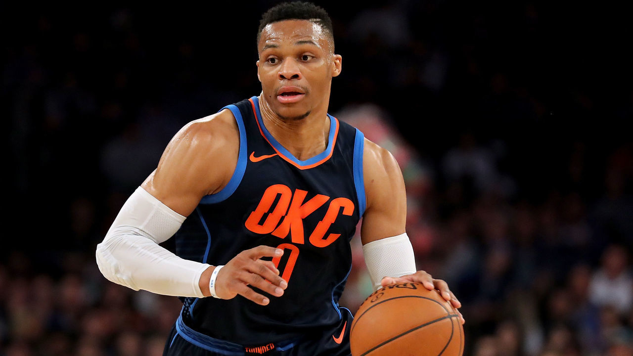 NEW YORK, NY - DECEMBER 16: Russell Westbrook #0 of the Oklahoma City Thunder moves down the court in the first quarter against the New York Knicks during their game at Madison Square Garden on December 16, 2017 in New York City.