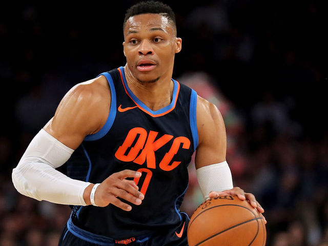 NEW YORK, NY - DECEMBER 16: Russell Westbrook #0 of the Oklahoma City Thunder moves down the court in the first quarter against the New York Knicks during their game at Madison Square Garden on December 16, 2017 in New York City.
