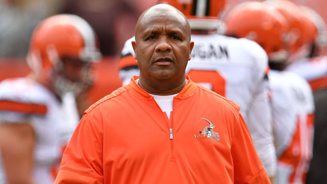 CLEVELAND, OH - OCTOBER 08: Head coach Hue Jackson of the Cleveland Browns during warmups before the game against the New York Jets at FirstEnergy Stadium on October 8, 2017 in Cleveland, Ohio.