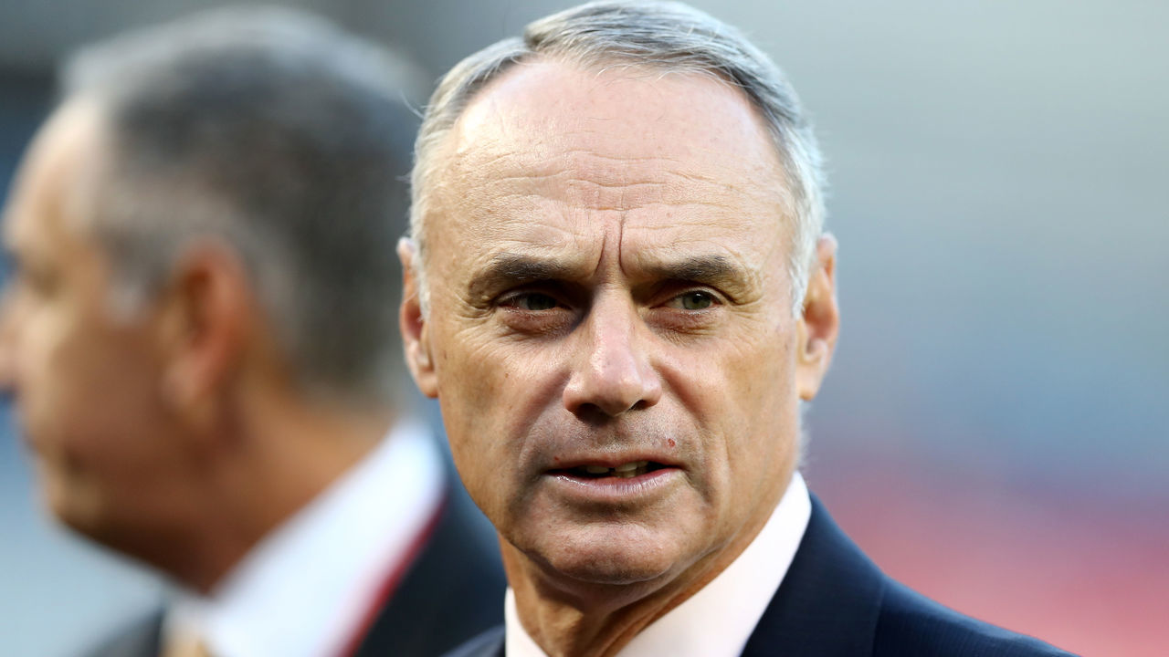 NEW YORK, NY - OCTOBER 03: Major League Baseball Commissioner Robert D. Manfred Jr. looks on prior to the American League Wild Card Game between the Minnesota Twins and the New York Yankees at Yankee Stadium on October 3, 2017 in the Bronx borough of New York City.