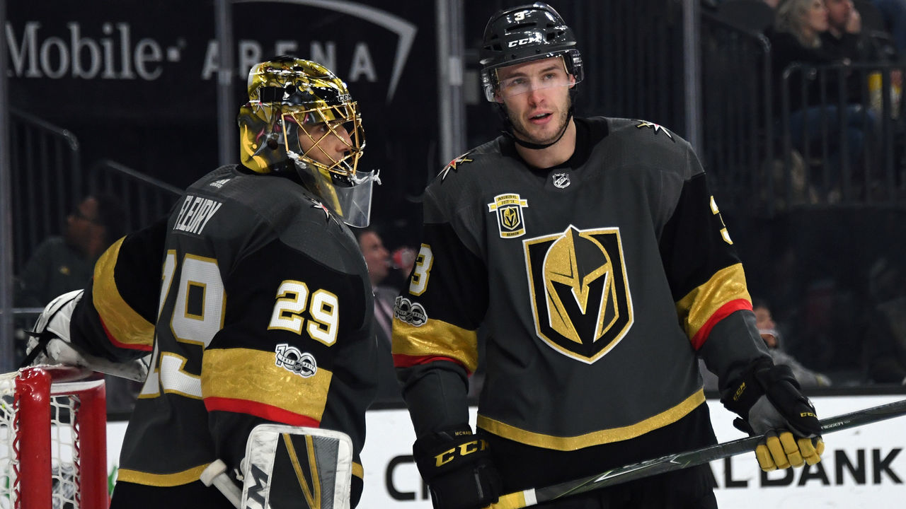 LAS VEGAS, NV - DECEMBER 12: Marc-Andre Fleury #29 of the Vegas Golden Knights talks with teammate Brayden McNabb #3 during the third period of their game against the Carolina Hurricanes at T-Mobile Arena on December 12, 2017 in Las Vegas, Nevada. The Hurricanes won 3-2 in a shootout.