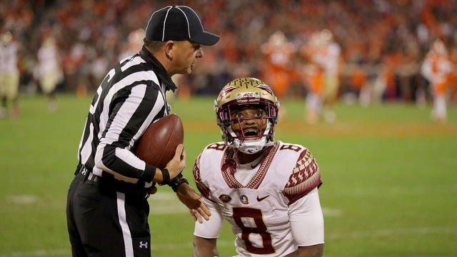 CLEMSON, SC - NOVEMBER 11: Nyqwan Murray #8 of the Florida State Seminoles reacts after a play against the Clemson Tigers during their game at Memorial Stadium on November 11, 2017 in Clemson, South Carolina.