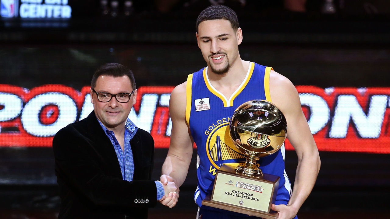 TORONTO, ON - FEBRUARY 13: Klay Thompson of the Golden State Warriors holds up the trophy after winning the Foot Locker Three-Point Contest during NBA All-Star Weekend 2016 at Air Canada Centre on February 13, 2016 in Toronto, Canada. NOTE TO USER: User expressly acknowledges and agrees that, by downloading and/or using this Photograph, user is consenting to the terms and conditions of the Getty Images License Agreement.