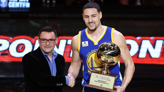 TORONTO, ON - FEBRUARY 13: Klay Thompson of the Golden State Warriors holds up the trophy after winning the Foot Locker Three-Point Contest during NBA All-Star Weekend 2016 at Air Canada Centre on February 13, 2016 in Toronto, Canada. NOTE TO USER: User expressly acknowledges and agrees that, by downloading and/or using this Photograph, user is consenting to the terms and conditions of the Getty Images License Agreement.