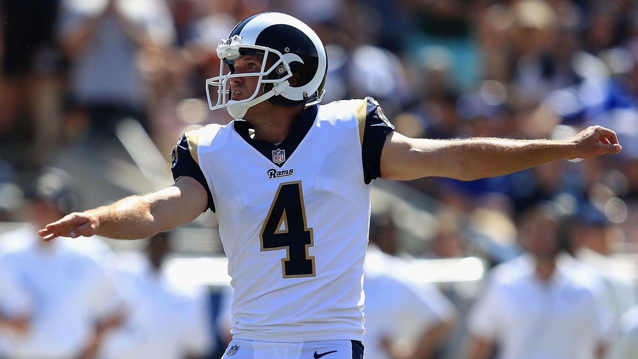 LOS ANGELES, CA - SEPTEMBER 10: Greg Zuerlein #4 of the Los Angeles Rams kicks an extra point during the first half of a game against the Indianapolis Colts at Los Angeles Memorial Coliseum on September 10, 2017 in Los Angeles, California.