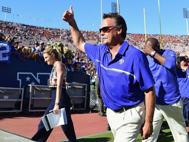 LOS ANGELES, CA - SEPTEMBER 18: Head coach Jeff Fisher of the Los Angeles Rams celebrates as he leaves the field after his team's 9-3 victory over the Seattle Seahawks in the home opening NFL game at Los Angeles Coliseum on September 18, 2016 in Los Angeles, California.