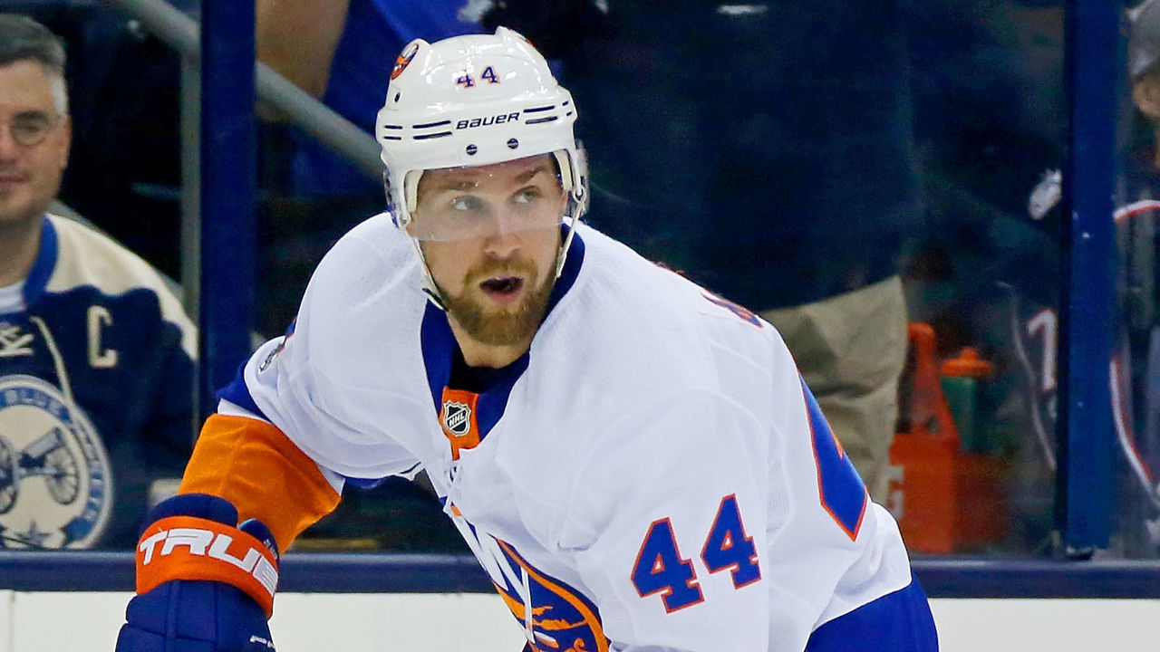COLUMBUS, OH - OCTOBER 6: Calvin de Haan #44 of the New York Islanders skates after the puck during the game against the Columbus Blue Jackets on October 6, 2017 at Nationwide Arena in Columbus, Ohio.