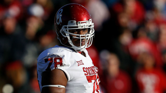 LAWRENCE, KS - NOVEMBER 18: Offensive lineman Orlando Brown #78 of the Oklahoma Sooners during the game against the Kansas Jayhawks at Memorial Stadium on November 18, 2017 in Lawrence, Kansas.
