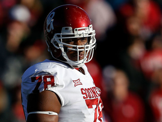 LAWRENCE, KS - NOVEMBER 18: Offensive lineman Orlando Brown #78 of the Oklahoma Sooners during the game against the Kansas Jayhawks at Memorial Stadium on November 18, 2017 in Lawrence, Kansas.