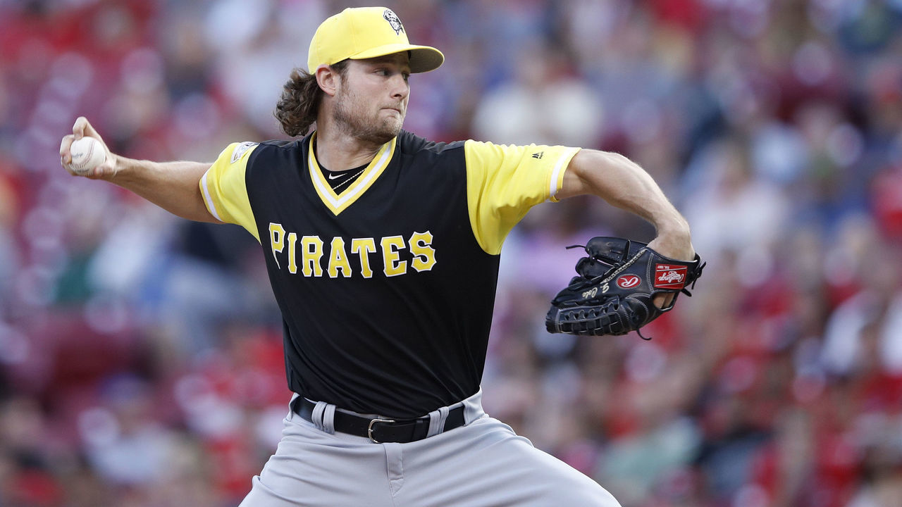 CINCINNATI, OH - AUGUST 26: Gerrit Cole #45 of the Pittsburgh Pirates pitches in the second inning of a game against the Cincinnati Reds at Great American Ball Park on August 26, 2017 in Cincinnati, Ohio.