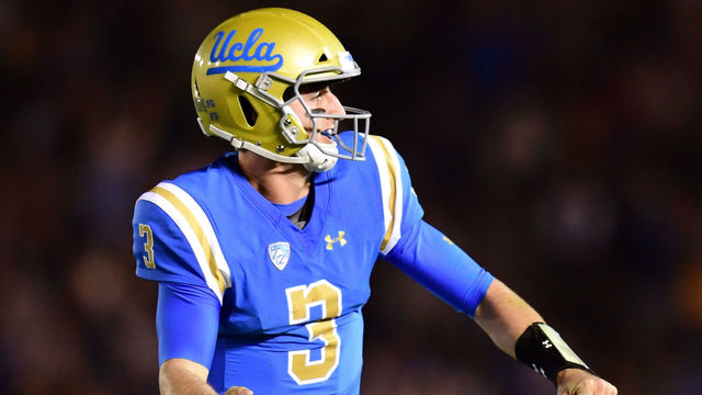 PASADENA, CA - NOVEMBER 24: Josh Rosen #3 of the UCLA Bruins celebrates his touchdown pass for a 7-3 lead over the California Golden Bears during the first quarter at Rose Bowl on November 24, 2017 in Pasadena, California.