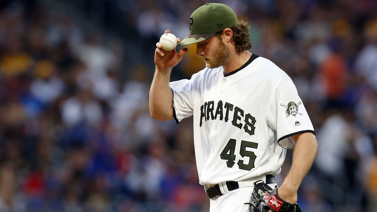 PITTSBURGH, PA - MAY 27: Gerrit Cole #45 of the Pittsburgh Pirates reacts after giving up a home run in the fourth inning against the New York Mets at PNC Park on May 27, 2017 in Pittsburgh, Pennsylvania.