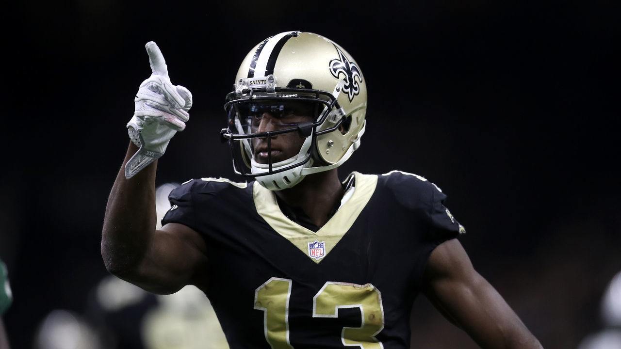 NEW ORLEANS, LA - DECEMBER 17: Michael Thomas #13 of the New Orleans Saints reacts after a first down against the New York Jets at Mercedes-Benz Superdome on December 17, 2017 in New Orleans, Louisiana.