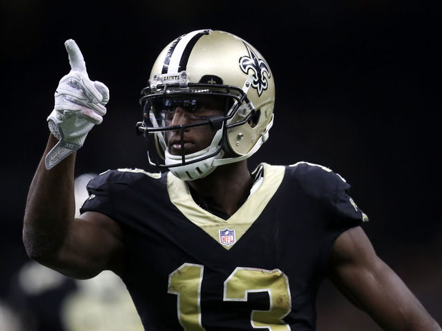 NEW ORLEANS, LA - DECEMBER 17: Michael Thomas #13 of the New Orleans Saints reacts after a first down against the New York Jets at Mercedes-Benz Superdome on December 17, 2017 in New Orleans, Louisiana.