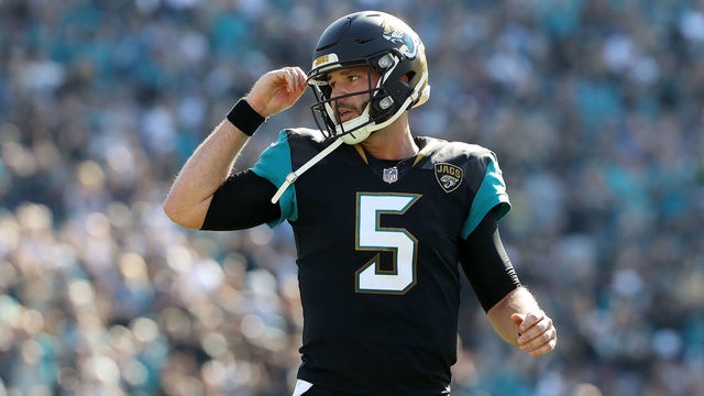 JACKSONVILLE, FL - DECEMBER 17: Blake Bortles #5 of the Jacksonville Jaguars walks across the field in the first half of their game against the Houston Texans at EverBank Field on December 17, 2017 in Jacksonville, Florida.