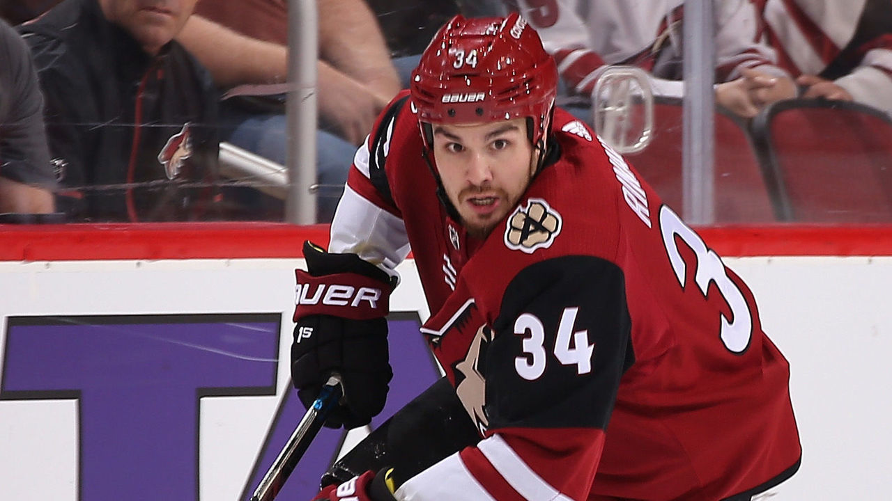 GLENDALE, AZ - DECEMBER 02: Zac Rinaldo #34 of the Arizona Coyotes skates with the puck during the third period of the NHL game against the New Jersey Devils at Gila River Arena on December 2, 2017 in Glendale, Arizona. The Coyotes defeated the Devils 5-0.
