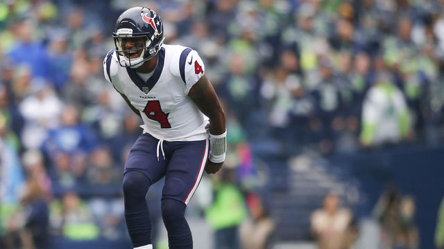 SEATTLE, WA - OCTOBER 29: Quarterback Deshaun Watson #4 of the Houston Texans jumps up after connecting with Will Fuller V #15 on a 59 yard touchdown pass during the first quarter of the game against the Seattle Seahawks at CenturyLink Field on October 29, 2017 in Seattle, Washington.