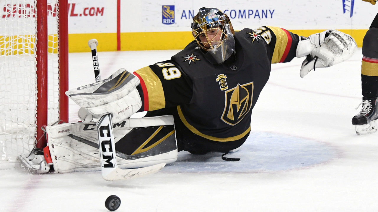 LAS VEGAS, NV - DECEMBER 19: Marc-Andre Fleury #29 of the Vegas Golden Knights blocks a Tampa Bay Lightning shot in the third period of their game at T-Mobile Arena on December 19, 2017 in Las Vegas, Nevada. The Golden Knights won 4-3.