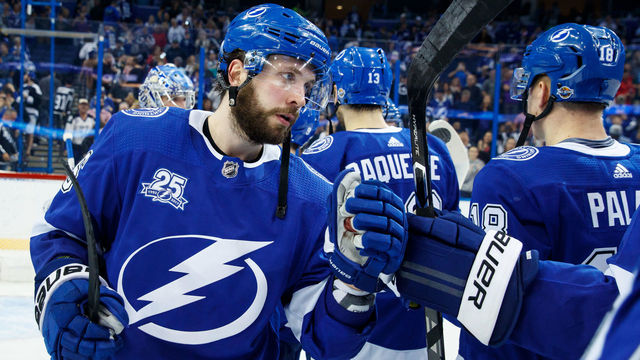 TAMPA, FL - DECEMBER 23: Nikita Kucherov #86 of the Tampa Bay Lightning celebrates the win against the Minnesota Wild at Amalie Arena on December 23, 2017 in Tampa, Florida.