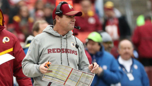 LANDOVER, MD - DECEMBER 17: Head Coach Jay Gruden of the Washington Redskins looks on from the sidelines in the second quarter against the Arizona Cardinals at FedEx Field on December 17, 2017 in Landover, Maryland.