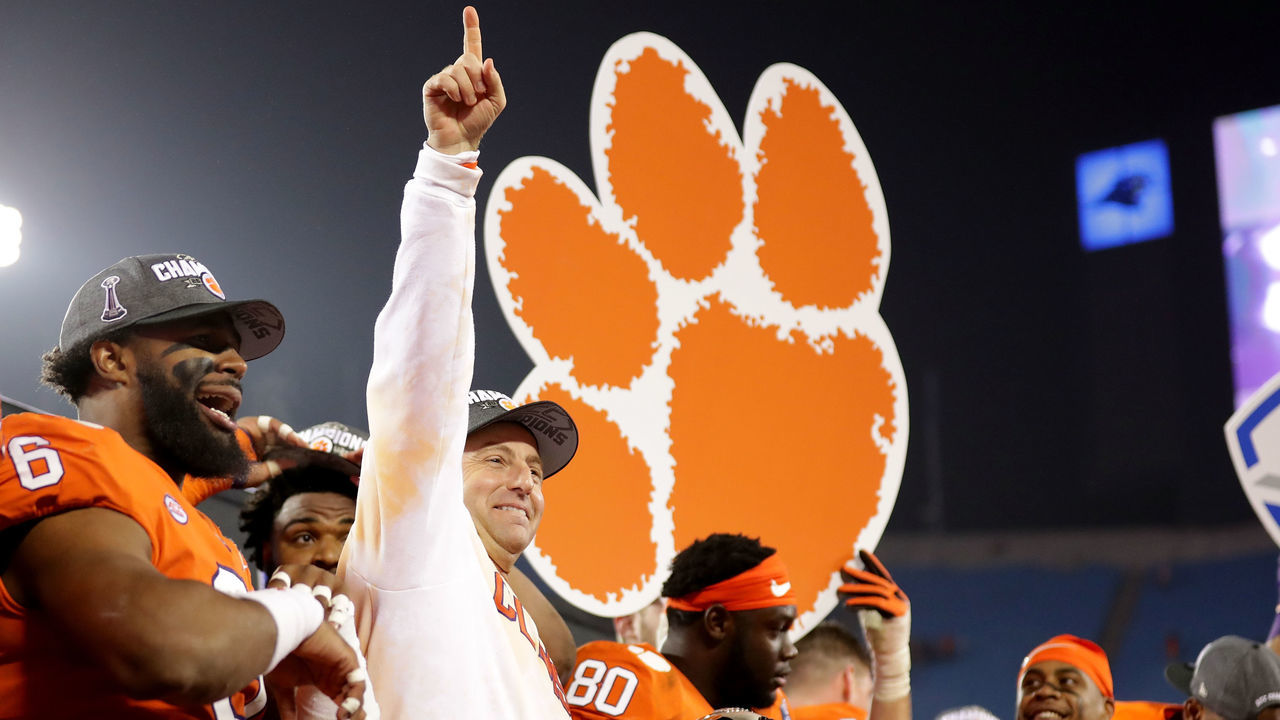 CHARLOTTE, NC - DECEMBER 02: Head coach Dabo Swinney of the Clemson Tigers celebrates after defeating the Miami Hurricanes 38-3 in the ACC Football Championship at Bank of America Stadium on December 2, 2017 in Charlotte, North Carolina.