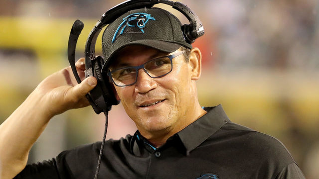 JACKSONVILLE, FL - AUGUST 24: Head coach Ron Rivera of the Carolina Panthers smiles during a preseason game against the Jacksonville Jaguars at EverBank Field on August 24, 2017 in Jacksonville, Florida.