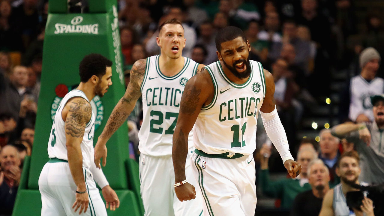 BOSTON, MA - DECEMBER 13: Kyrie Irving #11 of the Boston Celtics reacts during the second half against the Denver Nuggets at TD Garden on December 13, 2017 in Boston, Massachusetts.