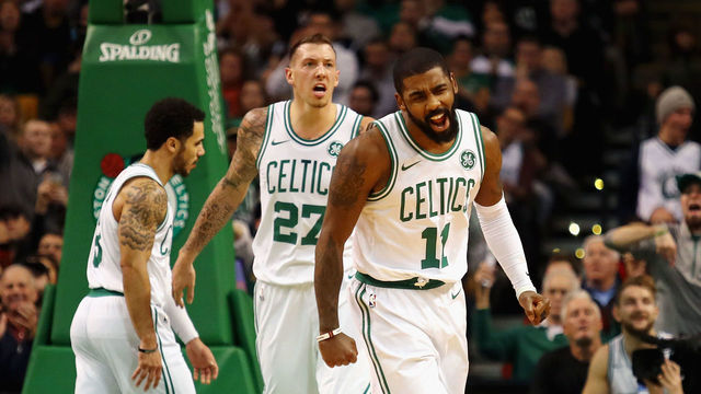 BOSTON, MA - DECEMBER 13: Kyrie Irving #11 of the Boston Celtics reacts during the second half against the Denver Nuggets at TD Garden on December 13, 2017 in Boston, Massachusetts.