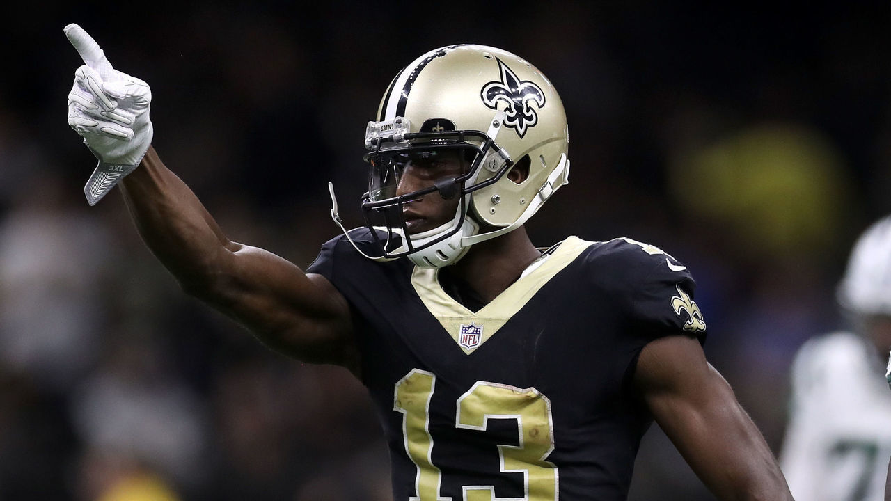 NEW ORLEANS, LA - DECEMBER 17: Michael Thomas #13 of the New Orleans Saints reacts after a first down against the New York Jets at Mercedes-Benz Superdome on December 17, 2017 in New Orleans, Louisiana.