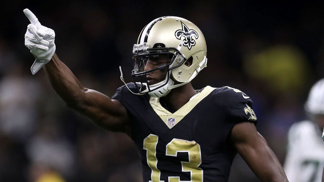 NEW ORLEANS, LA - DECEMBER 17: Michael Thomas #13 of the New Orleans Saints reacts after a first down against the New York Jets at Mercedes-Benz Superdome on December 17, 2017 in New Orleans, Louisiana.