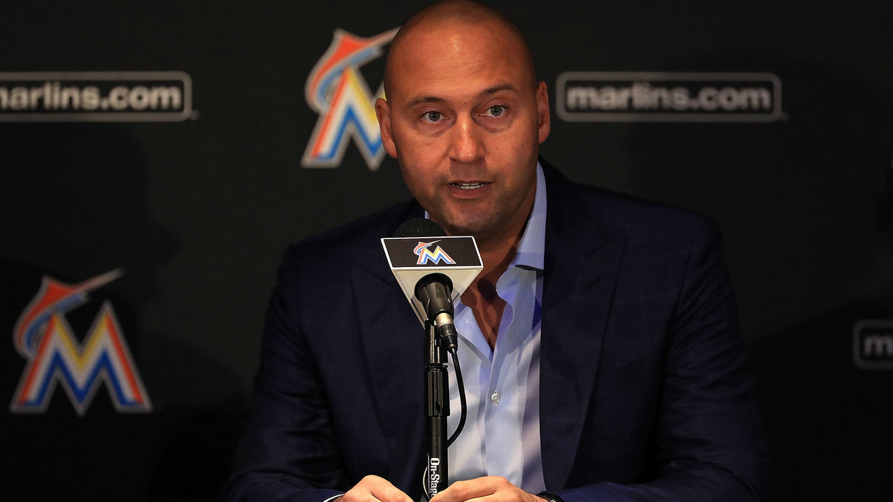 MIAMI, FL - OCTOBER 03: Miami Marlins CEO Derek Jeter speak with members of the media at Marlins Park on October 3, 2017 in Miami, Florida.