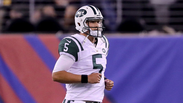 EAST RUTHERFORD, NJ - AUGUST 26: Christian Hackenberg #5 of the New York Jets walks back to the bench after failing to get the two point conversion in the fourth quarter against the New York Giants during a preseason game on August 26, 2017 at MetLife Stadium in East Rutherford, New Jersey