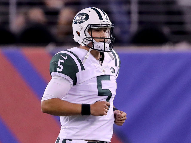 EAST RUTHERFORD, NJ - AUGUST 26: Christian Hackenberg #5 of the New York Jets walks back to the bench after failing to get the two point conversion in the fourth quarter against the New York Giants during a preseason game on August 26, 2017 at MetLife Stadium in East Rutherford, New Jersey