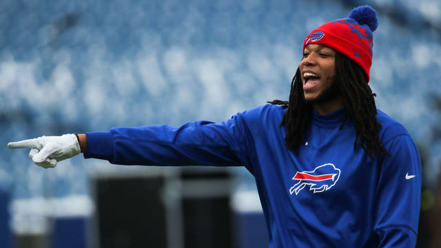 ORCHARD PARK, NY - DECEMBER 17: Kelvin Benjamin #13 of the Buffalo Bills laughs before a game against the Miami Dolphins on December 17, 2017 at New Era Field in Orchard Park, New York.