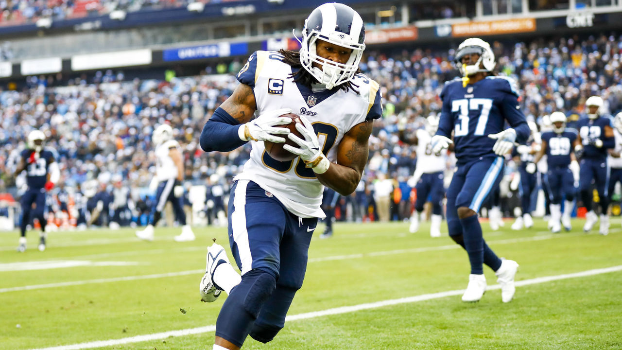 NASHVILLE, TN - DECEMBER 24: Running Back Todd Gurley II #30 of the Los Angeles Rams scores against the Tennessee Titans at Nissan Stadium on December 24, 2017 in Nashville, Tennessee.