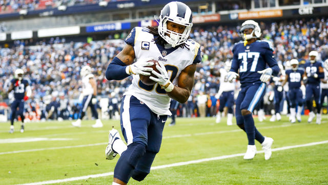 NASHVILLE, TN - DECEMBER 24: Running Back Todd Gurley II #30 of the Los Angeles Rams scores against the Tennessee Titans at Nissan Stadium on December 24, 2017 in Nashville, Tennessee.
